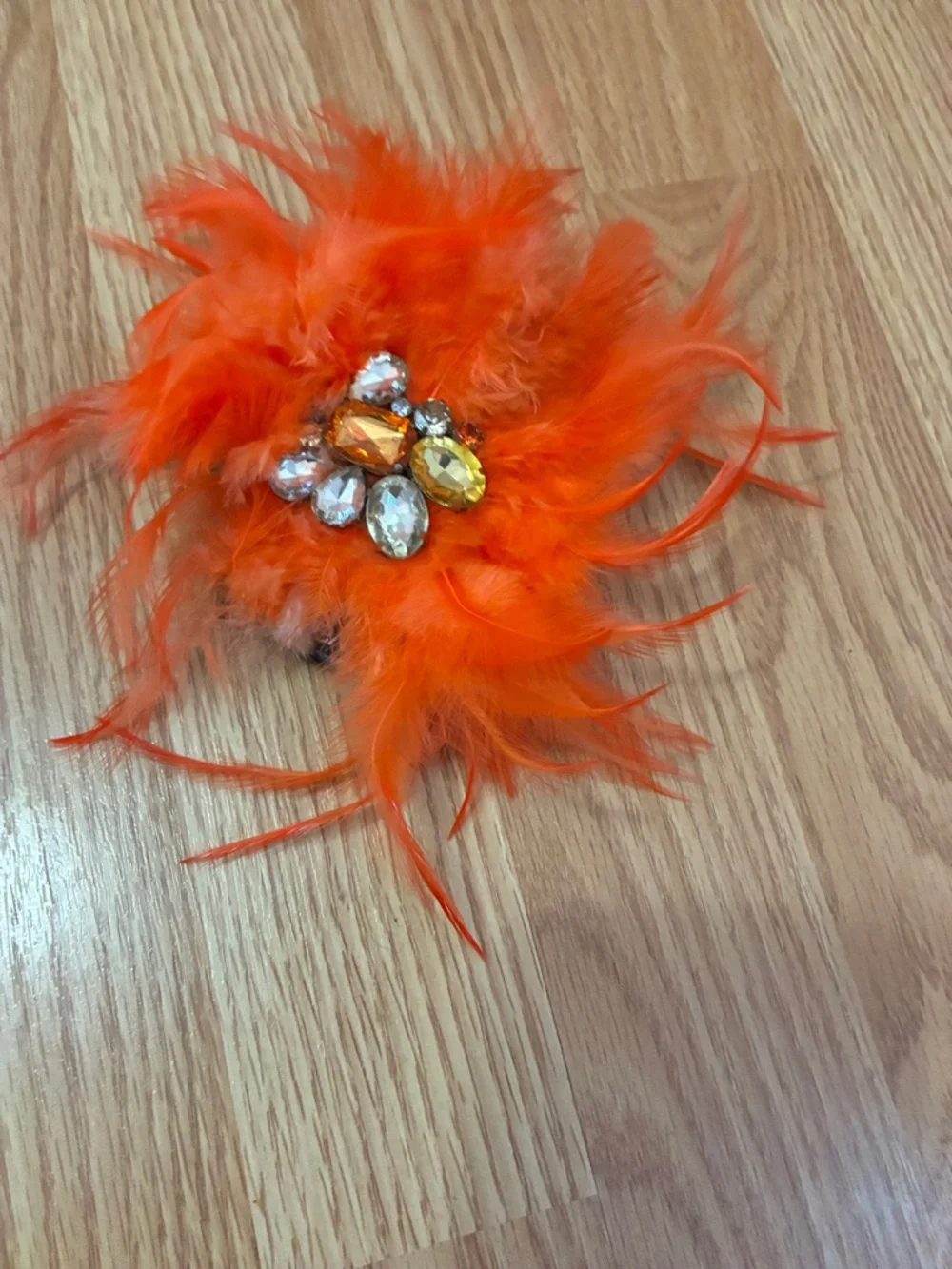 Vibrant Orange Ostrich Feather Hair Barrette with Crystal Rhinestone Centerpiece